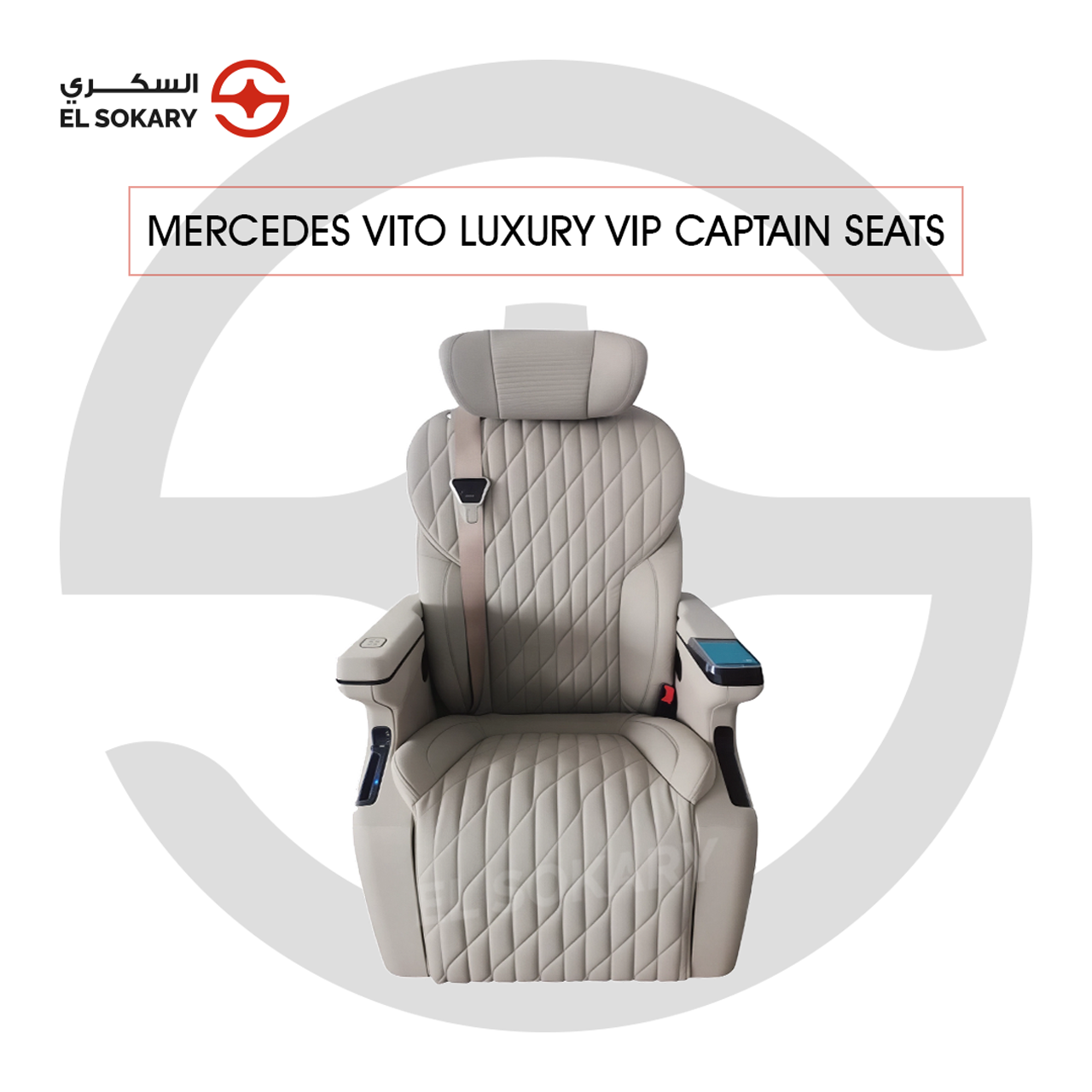 A black leather VIP captain seat with diamond quilting designed for a Mercedes-Benz Vito luxury van interior conversion.