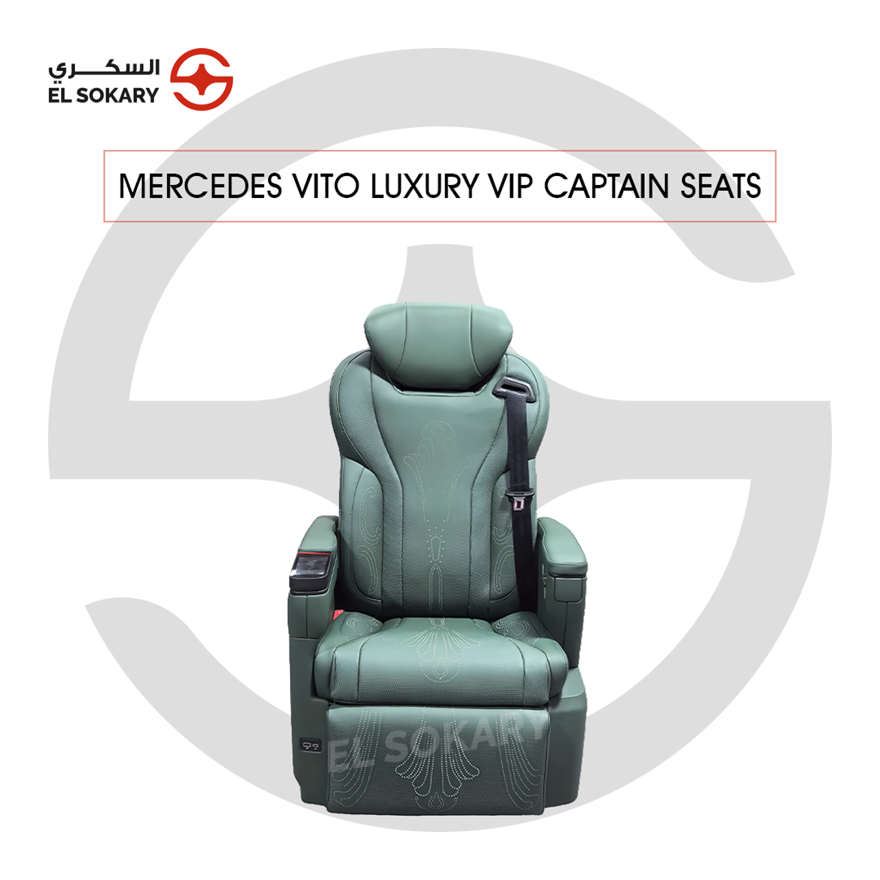 A black leather VIP captain seat with diamond quilting designed for a Mercedes-Benz Vito luxury van interior conversion.