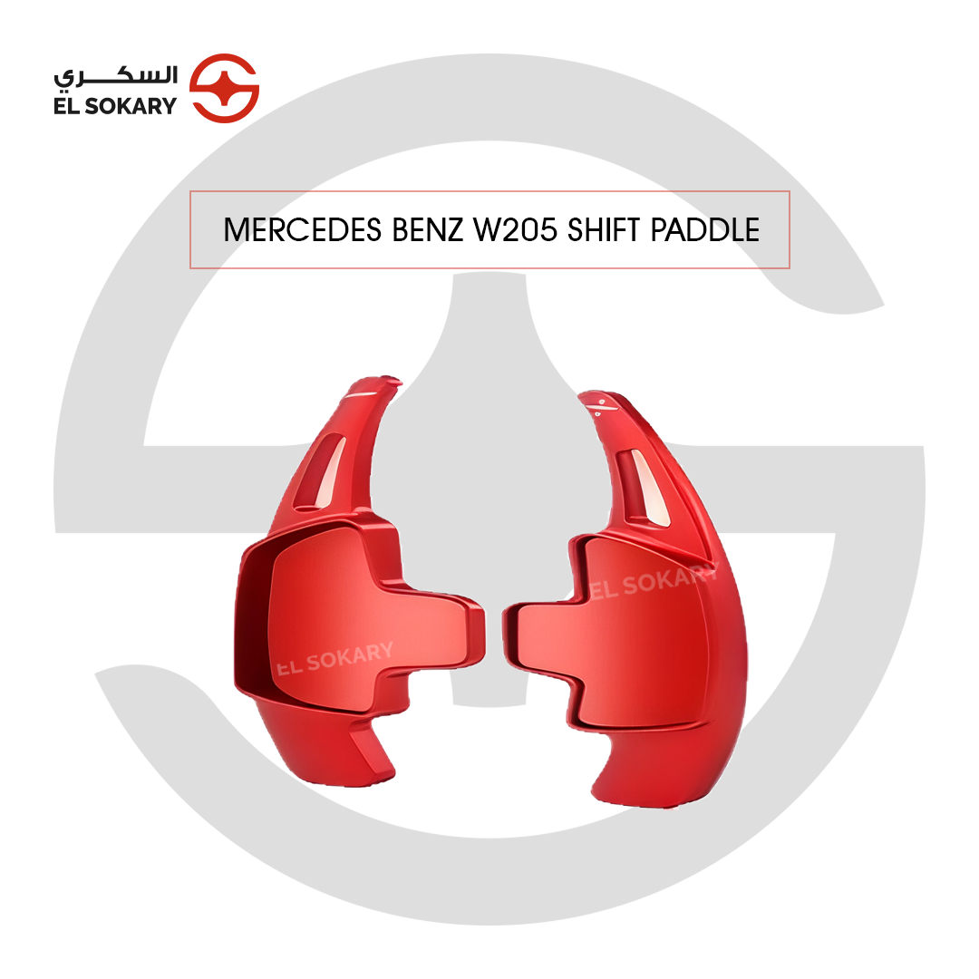 Mercedes-Benz W205 pair of vibrant red aluminum steering wheel shift paddle extensions designed for the , featuring a sleek ergonomic shape and "+" and "-" gear indicators.