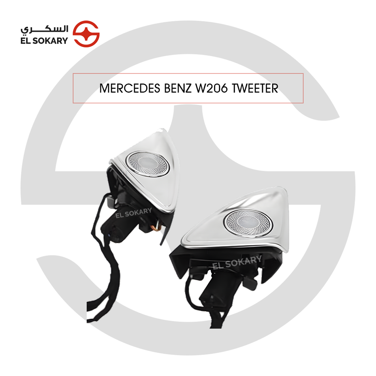 A pair of premium Mercedes-Benz W206 3D rotating tweeters in polished chrome housing with integrated LED ambient lighting for front door installation.