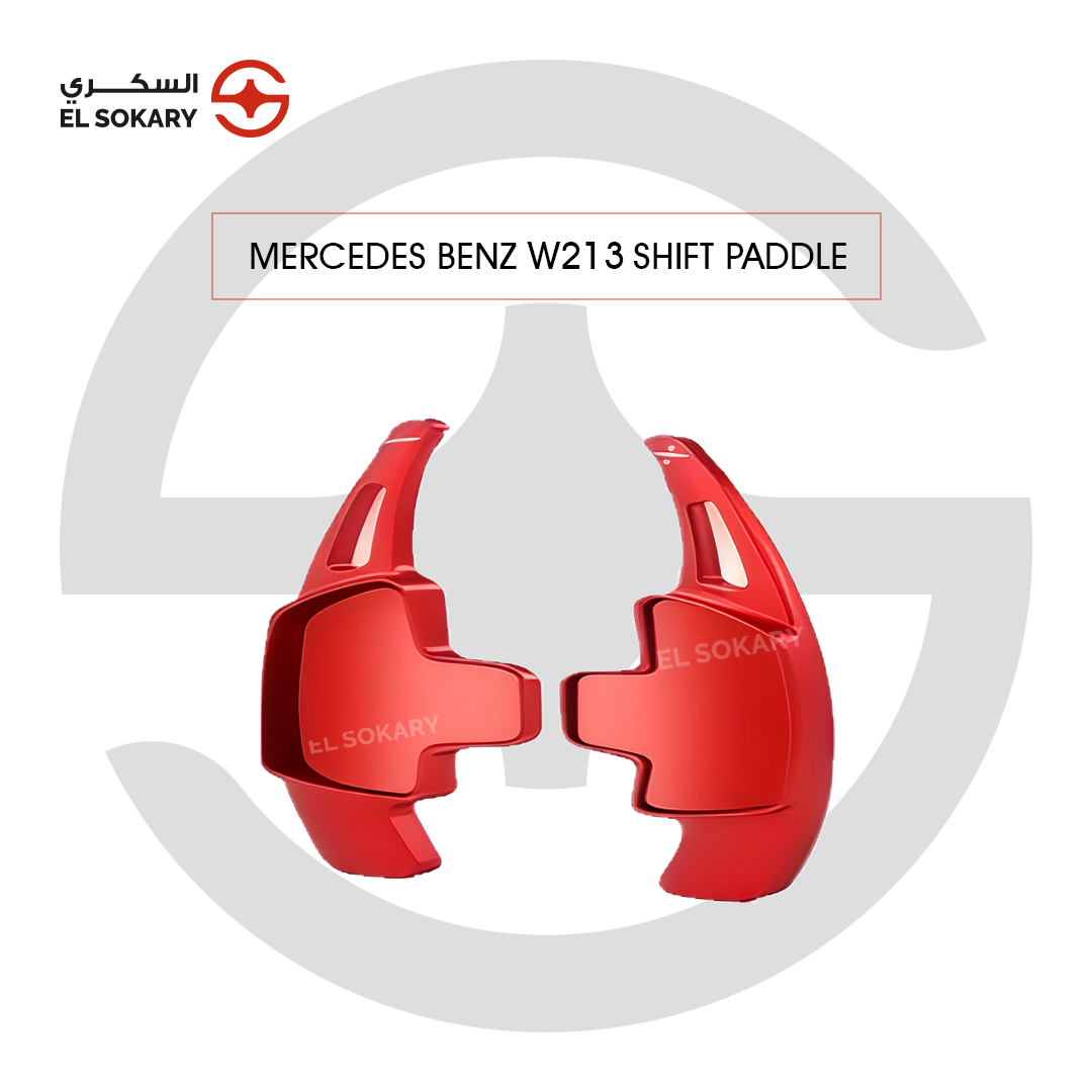 Mercedes-Benz W213 pair of vibrant red aluminum steering wheel shift paddle extensions designed for the , featuring a sleek ergonomic shape and "+" and "-" gear indicators.