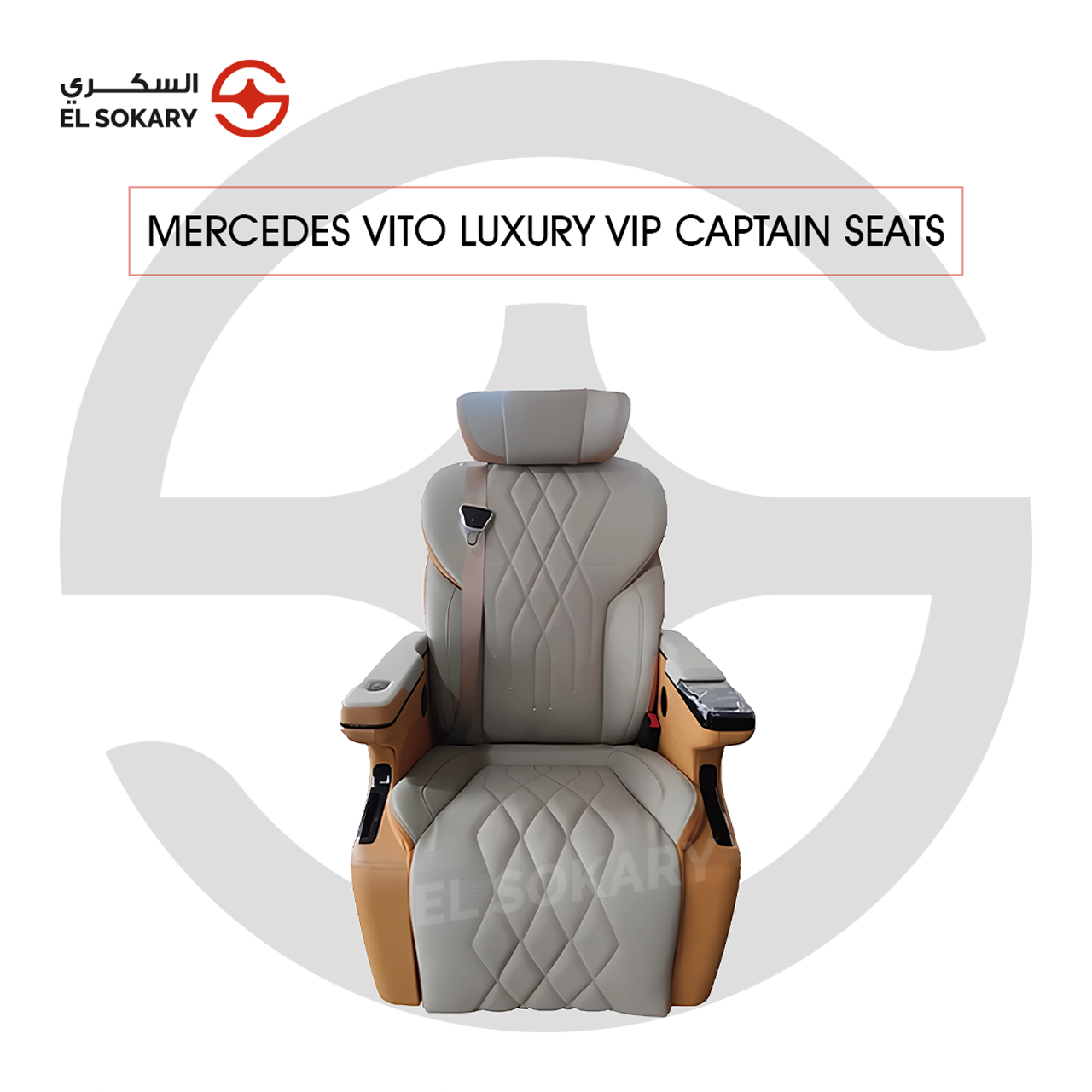 A black leather VIP captain seat with diamond quilting designed for a Mercedes-Benz Vito luxury van interior conversion.