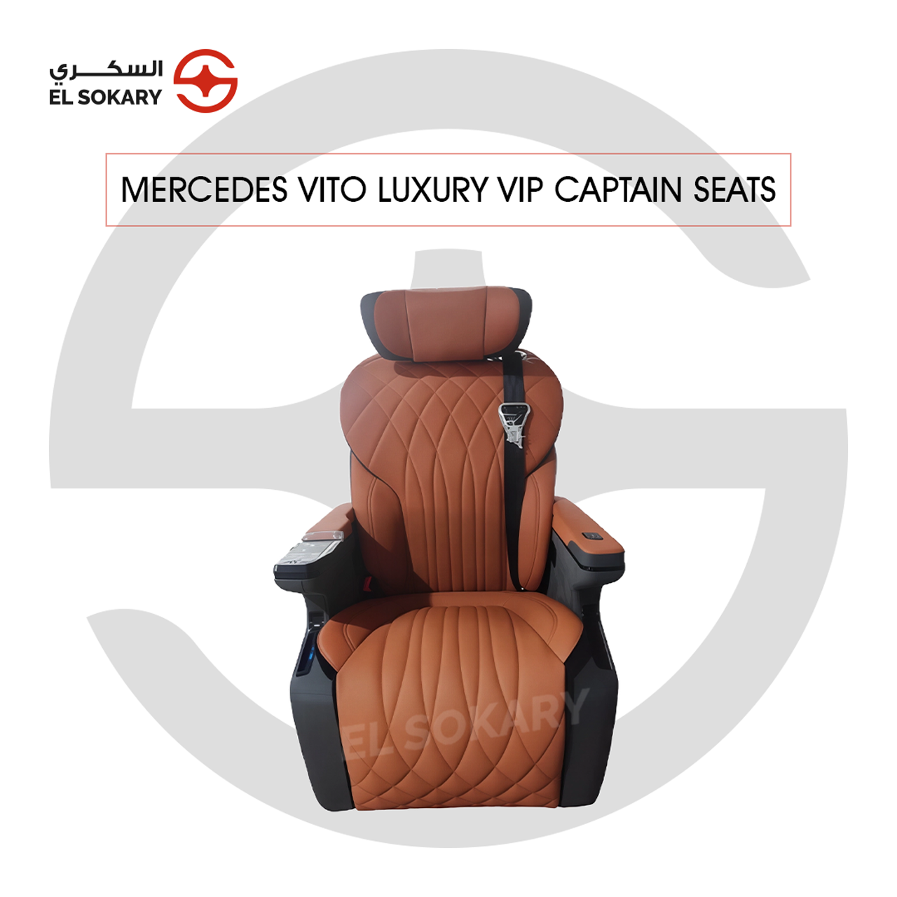 A black leather VIP captain seat with diamond quilting designed for a Mercedes-Benz Vito luxury van interior conversion.