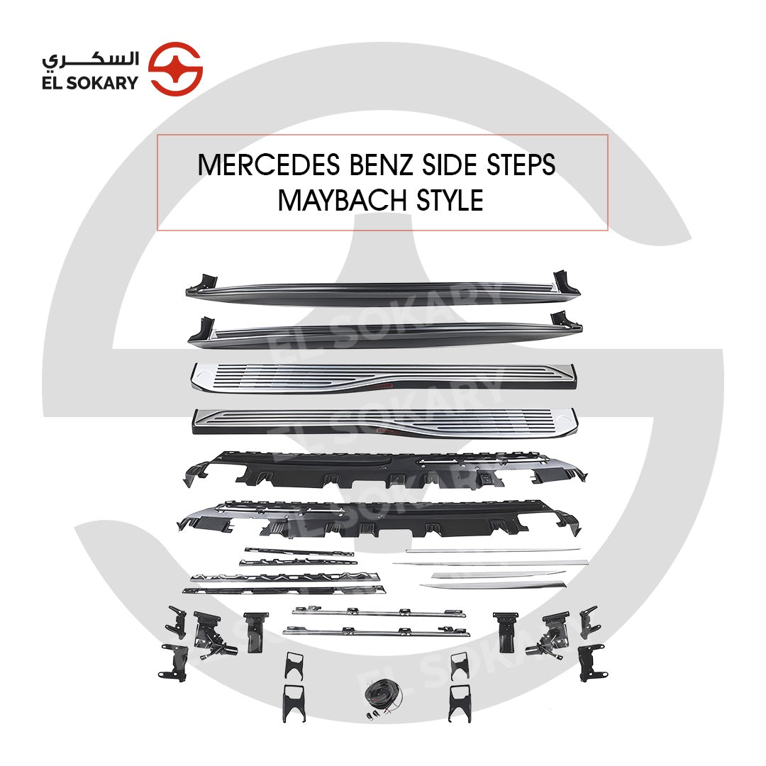 Complete kit of Mercedes-Benz GLE Maybach style electric deployable side steps, including silver lined running boards, black mounting panels, electric motors, and installation hardware.
