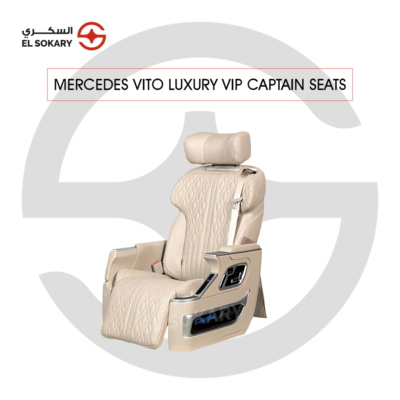 A black leather VIP captain seat with diamond quilting designed for a Mercedes-Benz Vito luxury van interior conversion.