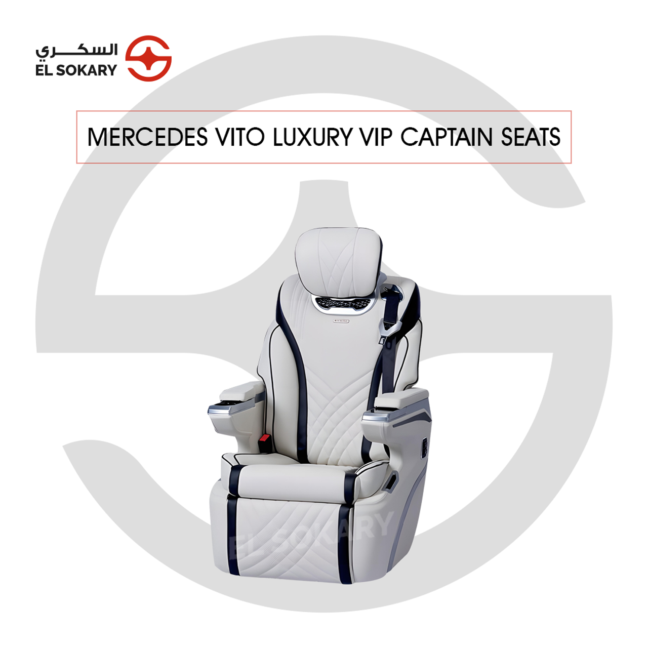 A black leather VIP captain seat with diamond quilting designed for a Mercedes-Benz Vito luxury van interior conversion.