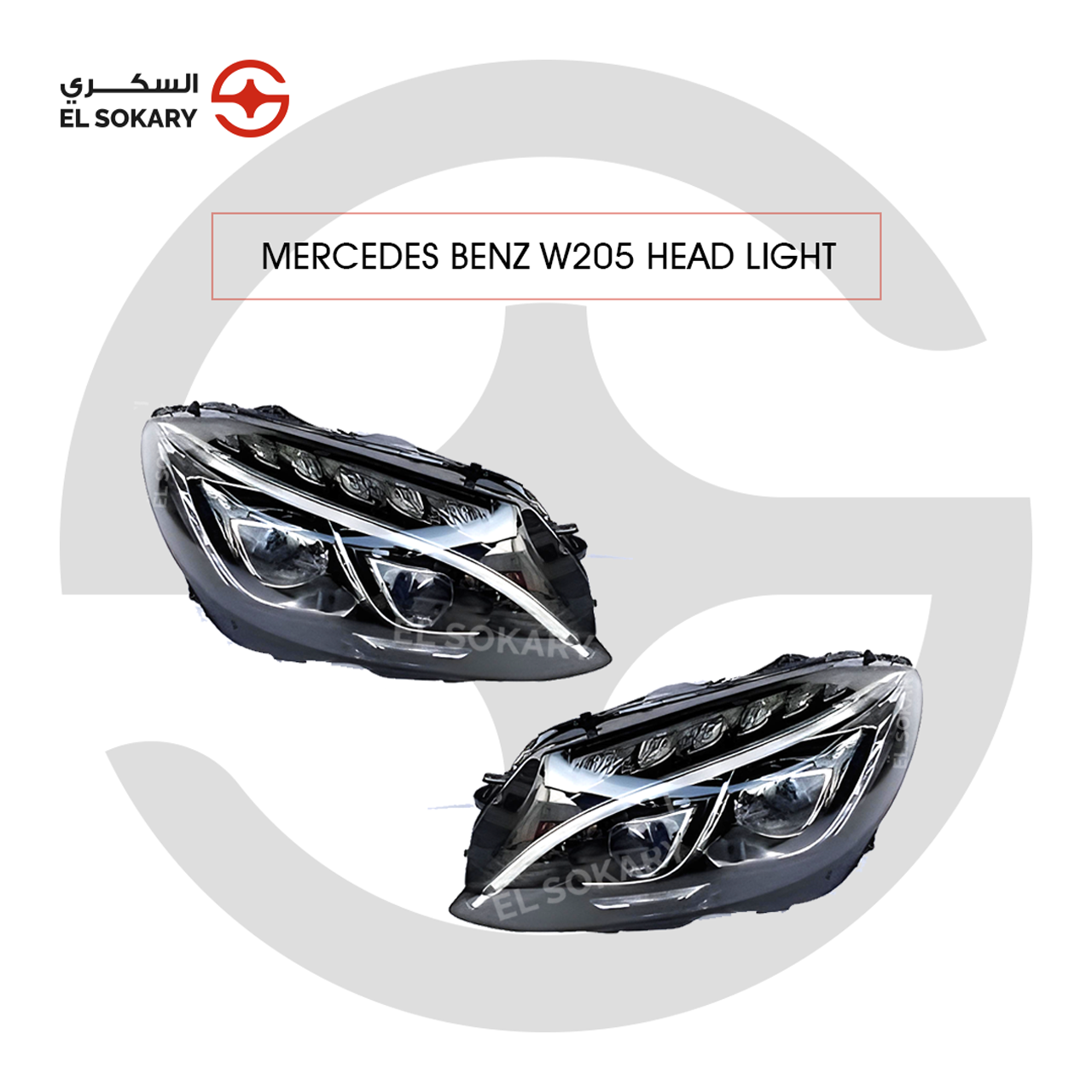 A pair of Mercedes-Benz W205 C-Class (2019–2021) Full LED & 2 Lens headlights featuring the signature integrated LED daytime running light strip and triple-projector lens design.