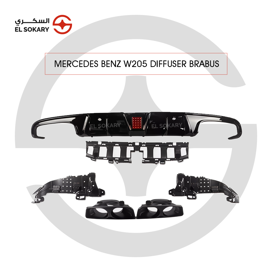 Exploded view of a Mercedes-Benz W205 Brabus Style rear diffuser kit featuring a gloss black main body with a central red brake light, quad exhaust tips, and black mounting brackets.