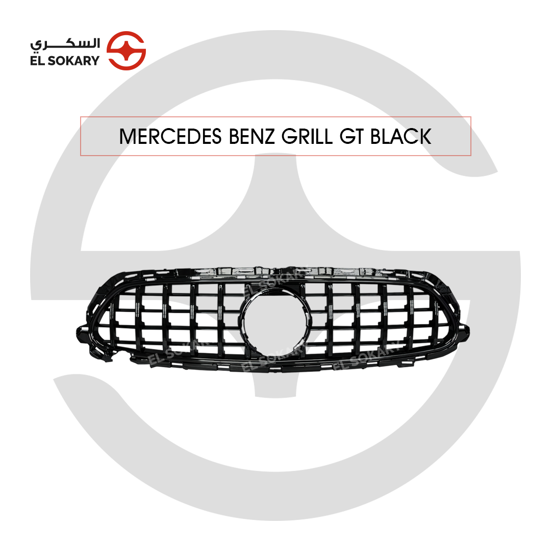 Front view of a Mercedes-Benz W213 E-Class GT Panamericana style grill featuring a full gloss black finish with bold vertical slats and a central emblem mounting point.
