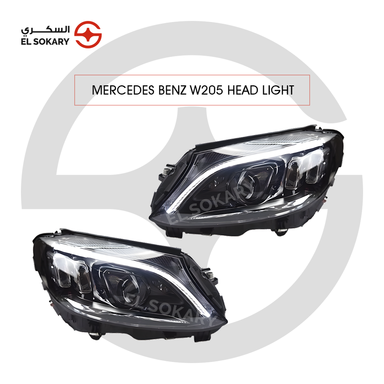 Set of two Mercedes-Benz W205 C-Class (2019–2021) Full LED headlights featuring clear multi-projector lenses and integrated curved LED daytime running light strips.