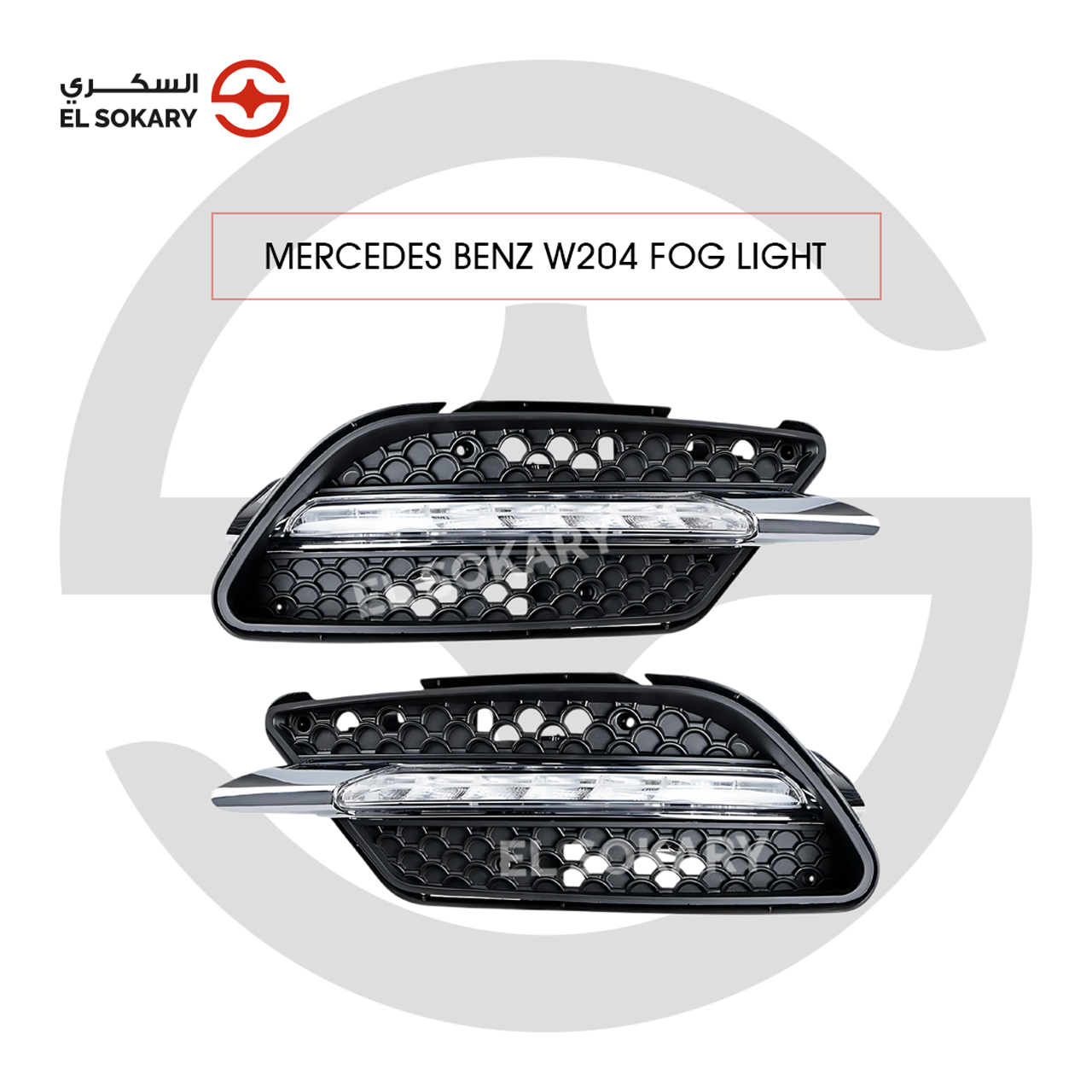 A pair of Mercedes-Benz W204 LED fog light assemblies featuring an aggressive black honeycomb mesh background, high-intensity LED light strips, and polished chrome accents.
