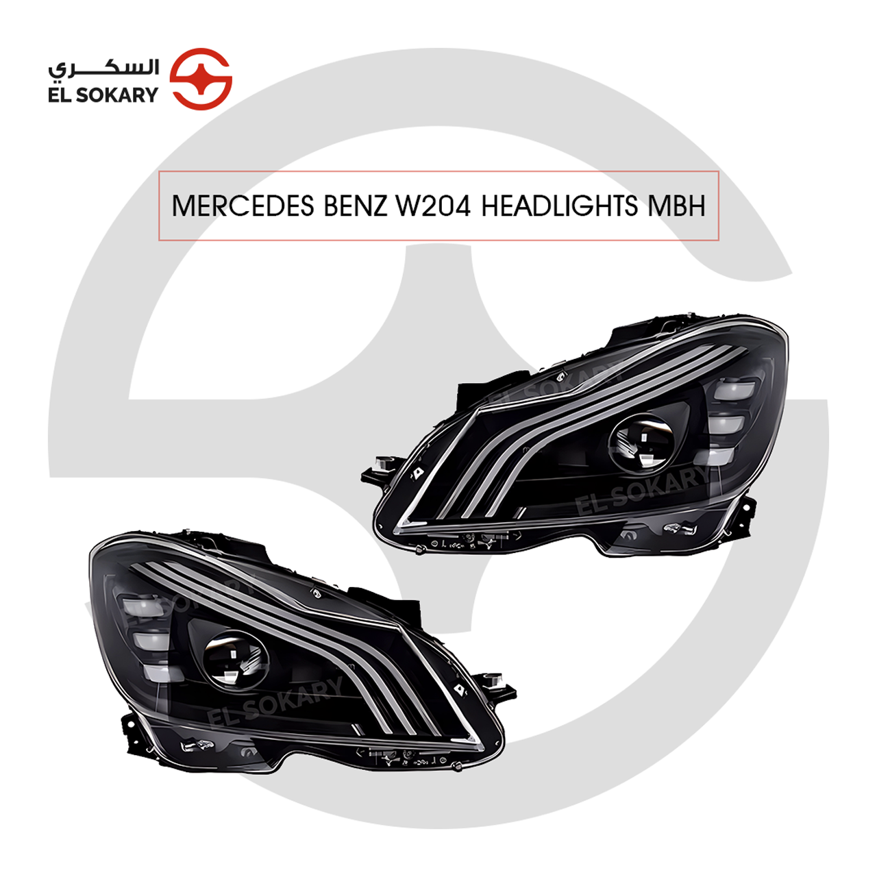 Pair of Mercedes-Benz W204 Headlight MBH units featuring a futuristic design with multiple LED stripes, a vertical triple LED stack, and black inner housings.