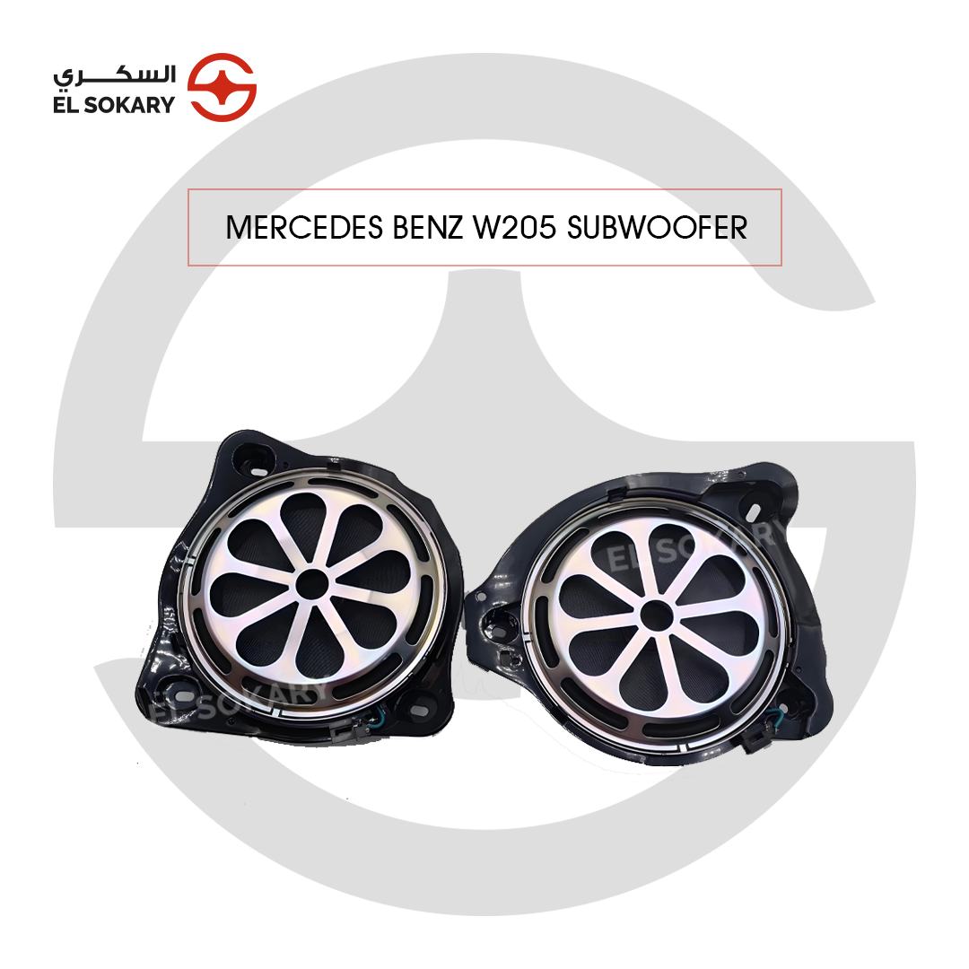 Mercedes-Benz W205 high-performance 20 cm driver-side front bass subwoofer, featuring a silver aluminum cone and a custom-molded black housing for under-dash installation.
