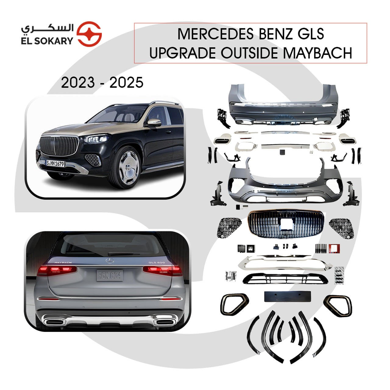 Complete Mercedes-Benz GLS Maybach-style exterior upgrade kit for 2023-2025 models, featuring front and rear bumpers, vertical slat grille, chrome trim pieces, and wheel arch extensions.