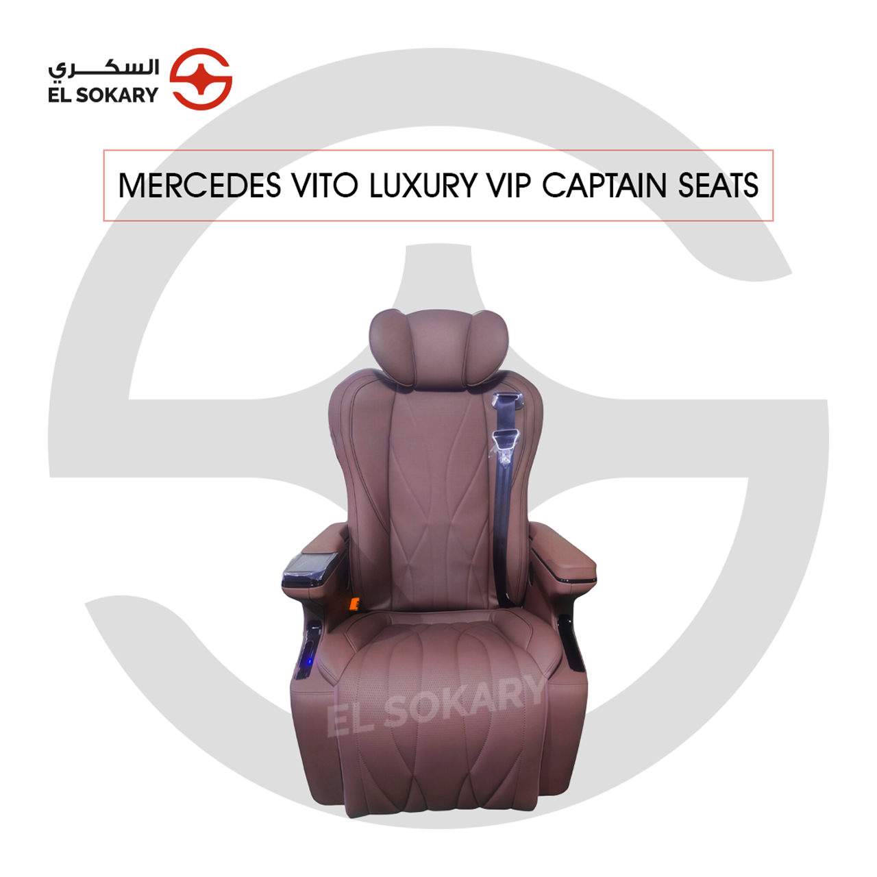 A black leather VIP captain seat with diamond quilting designed for a Mercedes-Benz Vito luxury van interior conversion.