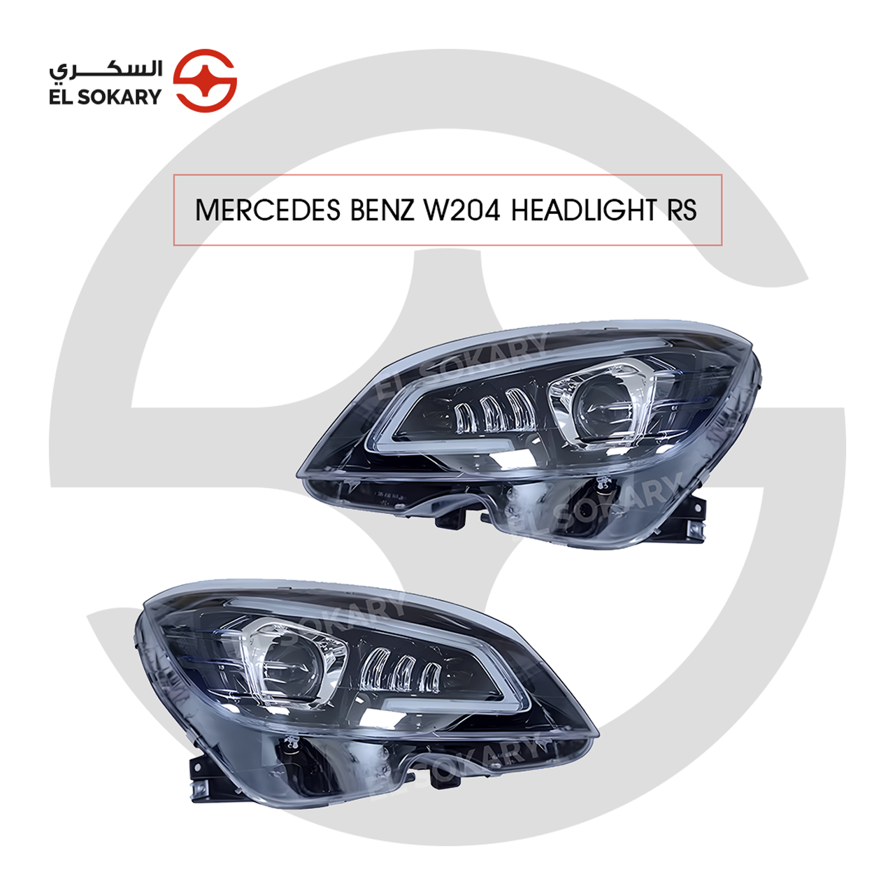 A pair of premium Mercedes-Benz W204 (2007-2010) RS style headlights featuring black inner housings, LED daytime running light strips, and projector lenses.