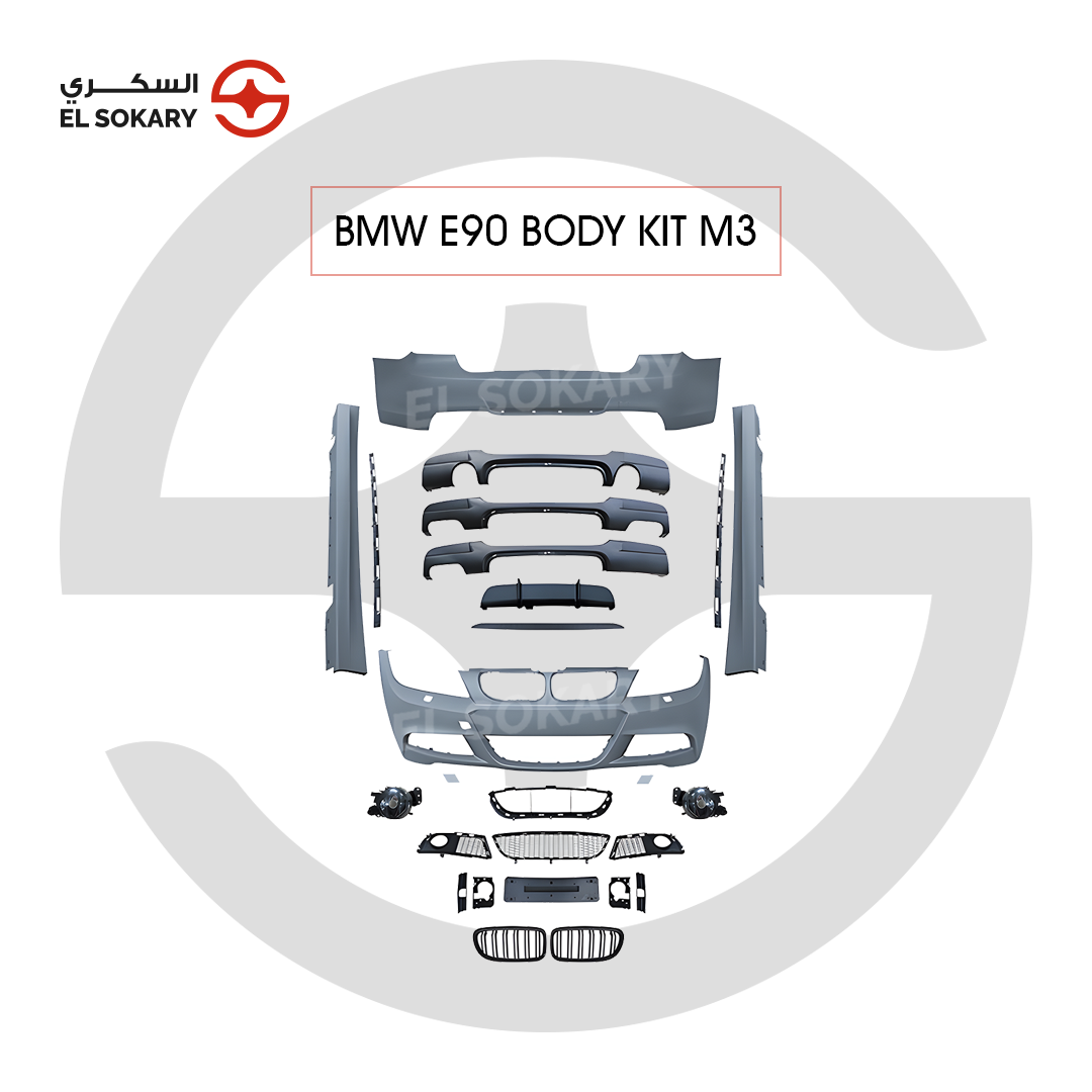 BMW 3 Series E90 (2005-2011) Complete M3 style full exterior conversion body kit package including front bumper, rear bumper, side skirts, grilles, and fog lights for BMW 3 Series E90 from El Sokary Store