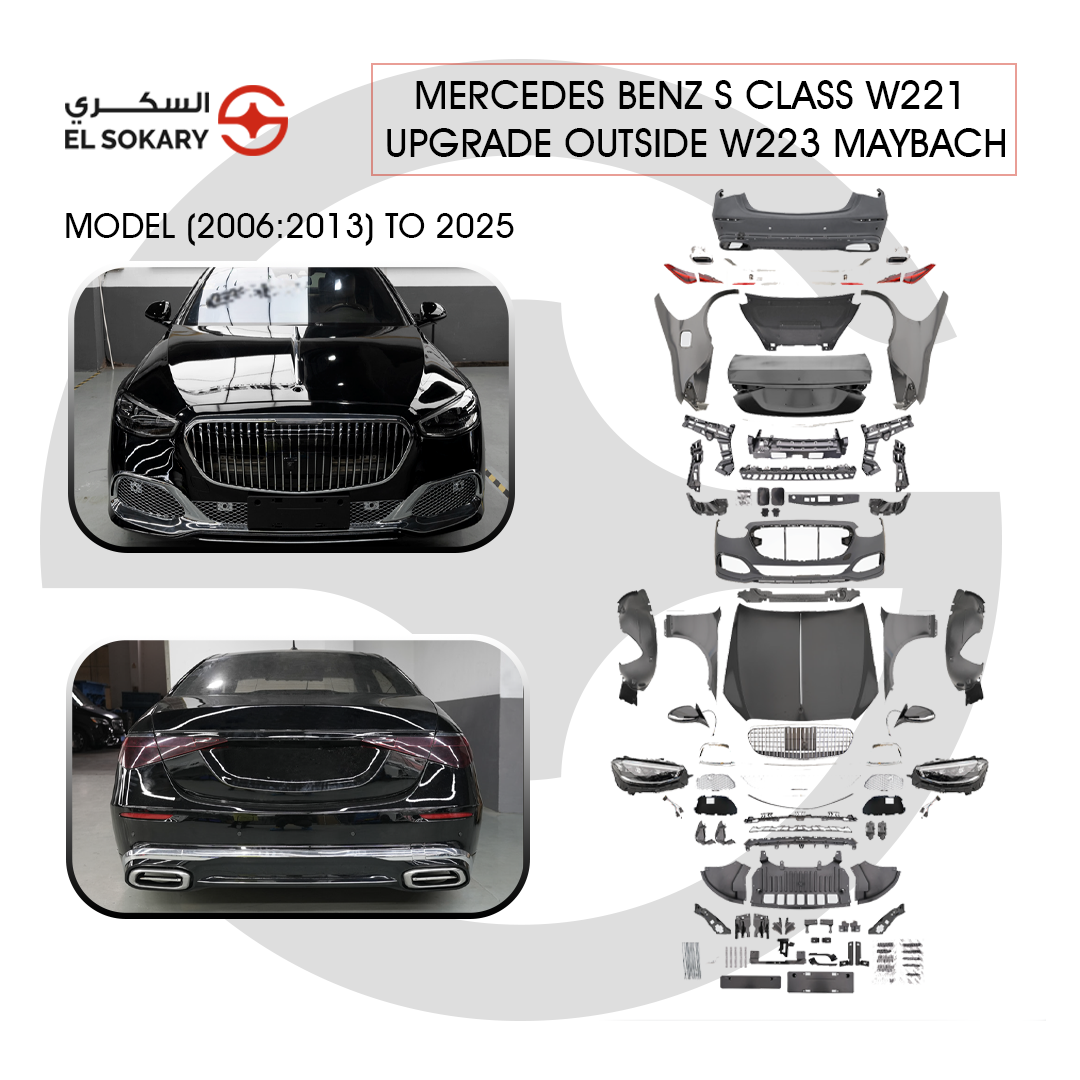 Main Image: Complete W221 to W223 Maybach style body conversion kit components.
 
 Detail Image: Mercedes S-Class W221 face-lift to W223 with Maybach grille and luxury bumpers.