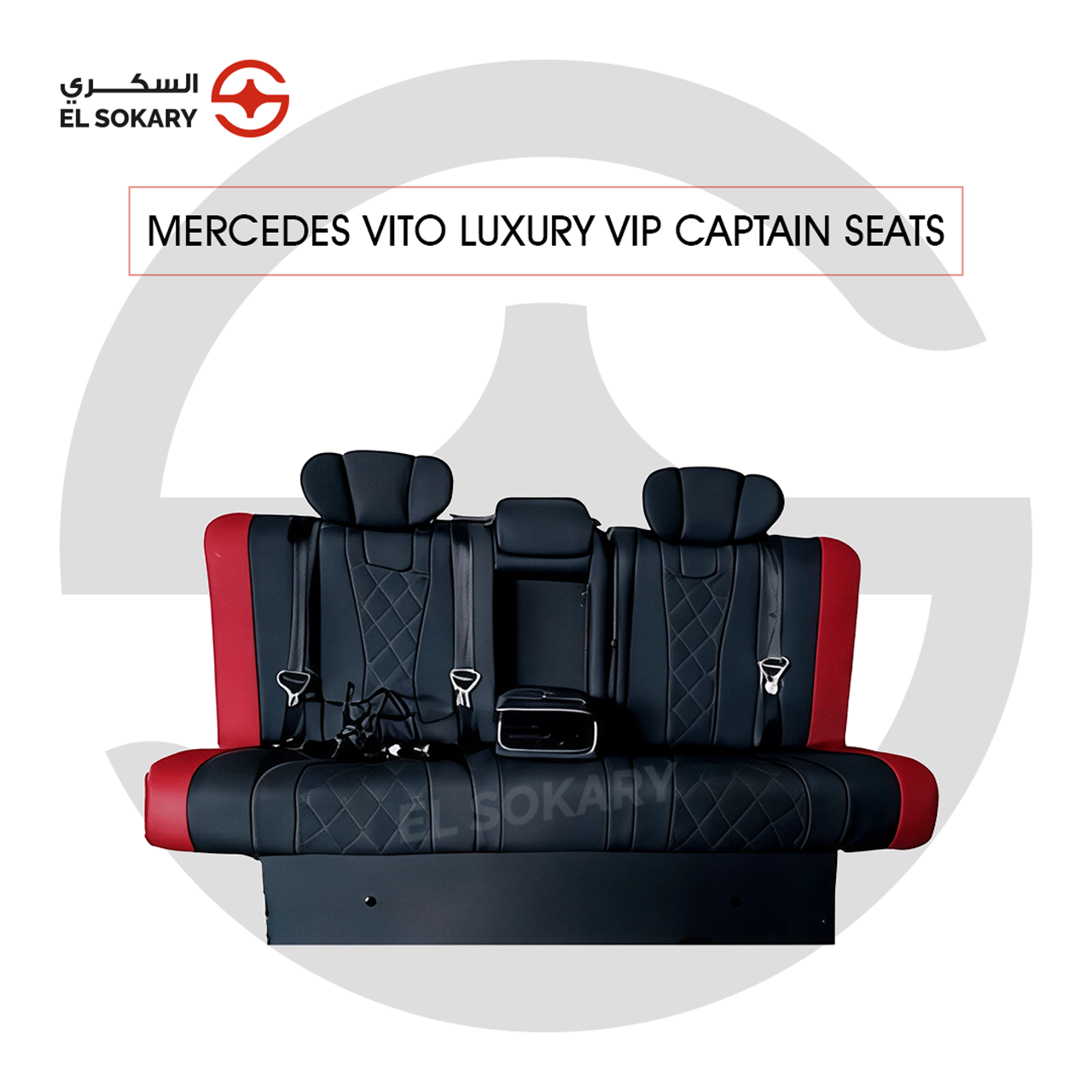 A black leather VIP captain seat with diamond quilting designed for a Mercedes-Benz Vito luxury van interior conversion.