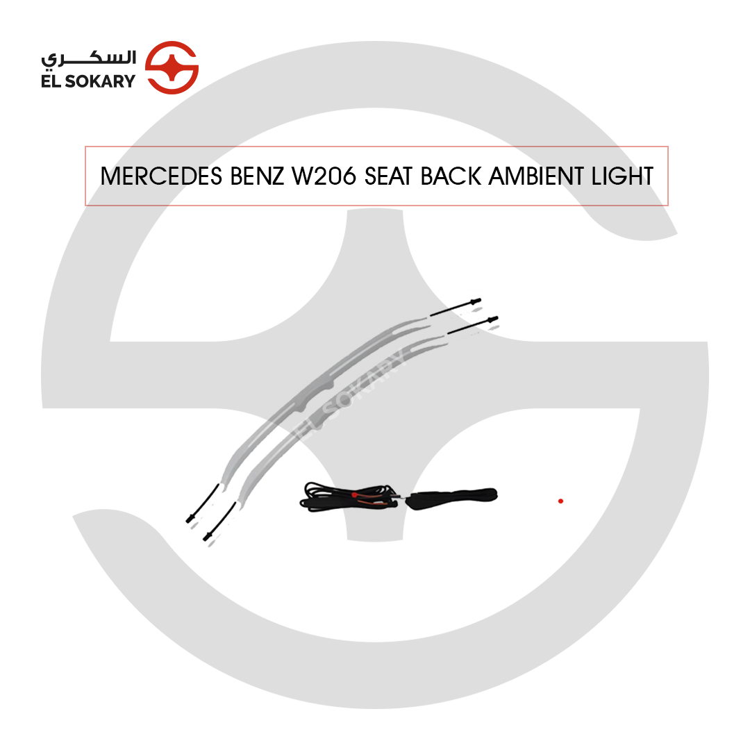 A product kit for Mercedes-Benz W206 Seat Back Ambient Lighting featuring two flexible LED light strips and a dedicated wiring harness on a branded "El Sokary" background.