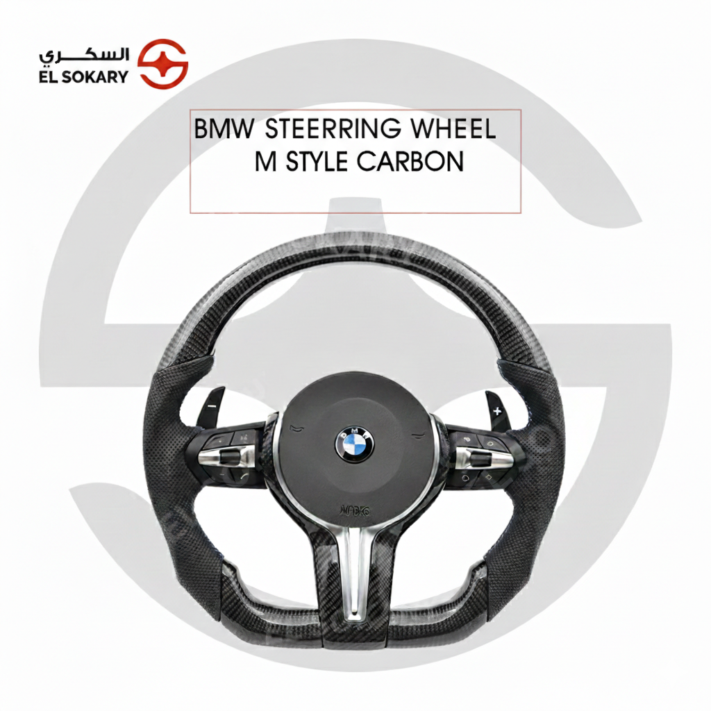 BMW 5-Series E39 Upgraded high-performance carbon fiber steering wheel with paddle shifters installed in a premium BMW interior setup.