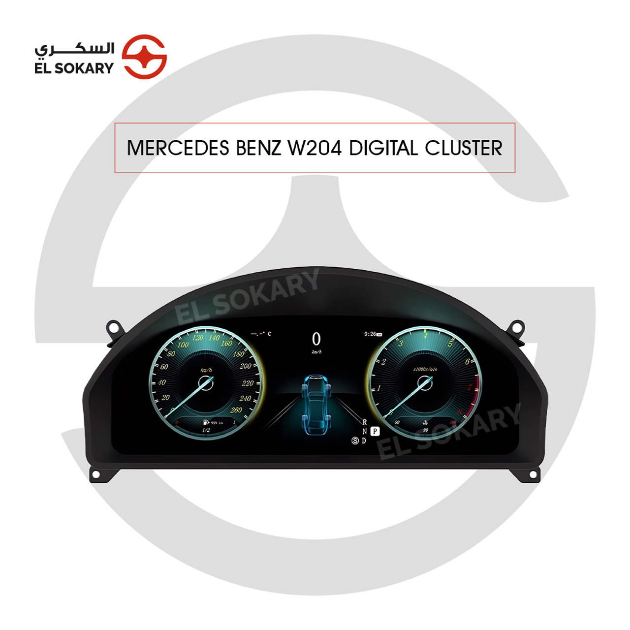 A high-resolution digital instrument cluster upgrade for a Mercedes-Benz W204, featuring twin digital dials, a central 3D vehicle graphic, and a full-color LED interface.