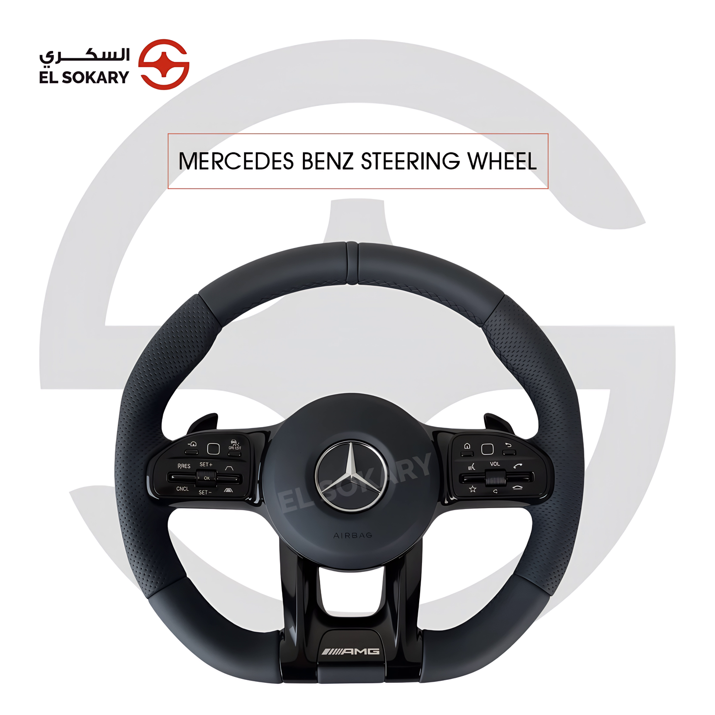 A premium Mercedes-Benz AMG performance steering wheel featuring black perforated leather, gloss black accents, multi-function controls, and the AMG logo.