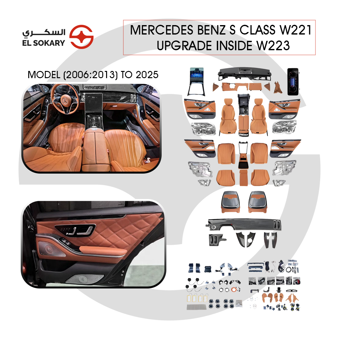 Main Image: Complete Mercedes W221 to W223 interior transformation kit with digital screens and leather seats.
 
 Detail Image: W221 luxury cabin upgrade to W223 style with active ambient lighting and Nappa leather.