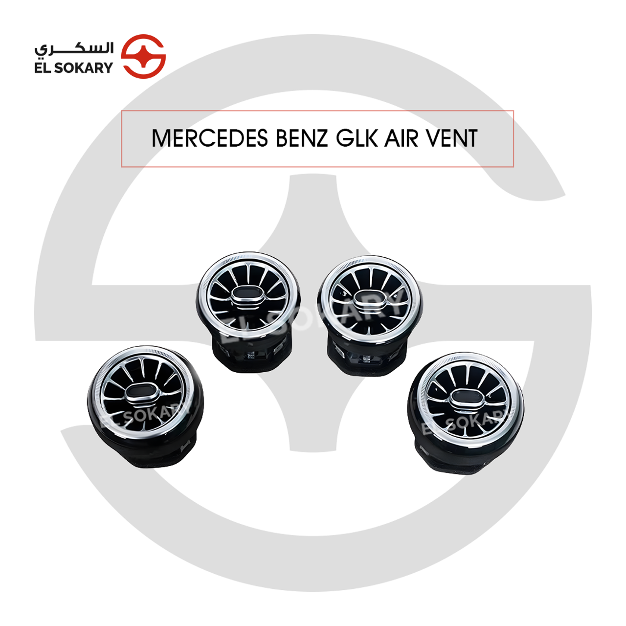 A set of four round Mercedes-Benz GLK turbine-style air vents with a black housing, polished chrome outer rings, and a multi-slat internal design for dashboard installation.