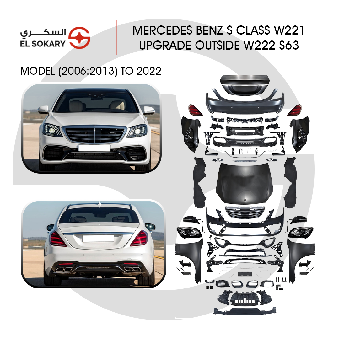 Main Image: Full Mercedes W221 to W222 AMG performance style body conversion kit layout.
 
 Detail Image: Mercedes S-Class W221 face-lift to W222 AMG with sporty bumpers and LED lighting.