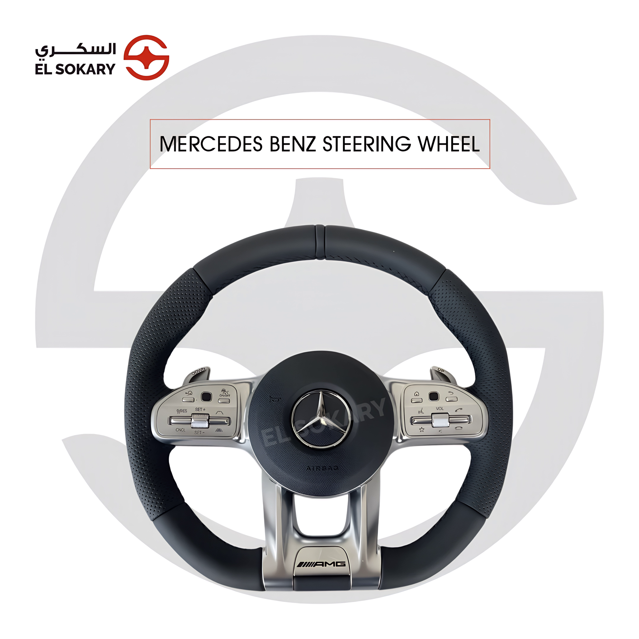 A professional studio shot of a black leather Mercedes-Benz AMG Performance Steering Wheel featuring perforated leather grips, silver chrome multi-function buttons, and integrated paddle shifters.