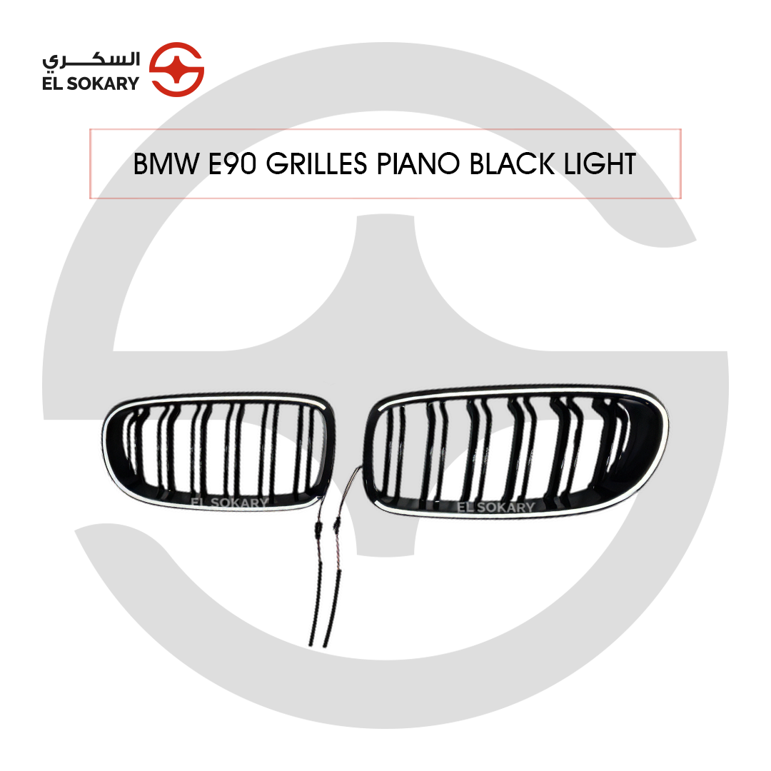 BMW 3 Series E90 (2008-2011) Pair of premium facelift LCI piano black front kidney grilles with integrated LED outer contour illumination and connection wiring for BMW 3 Series E90 from El Sokary Store