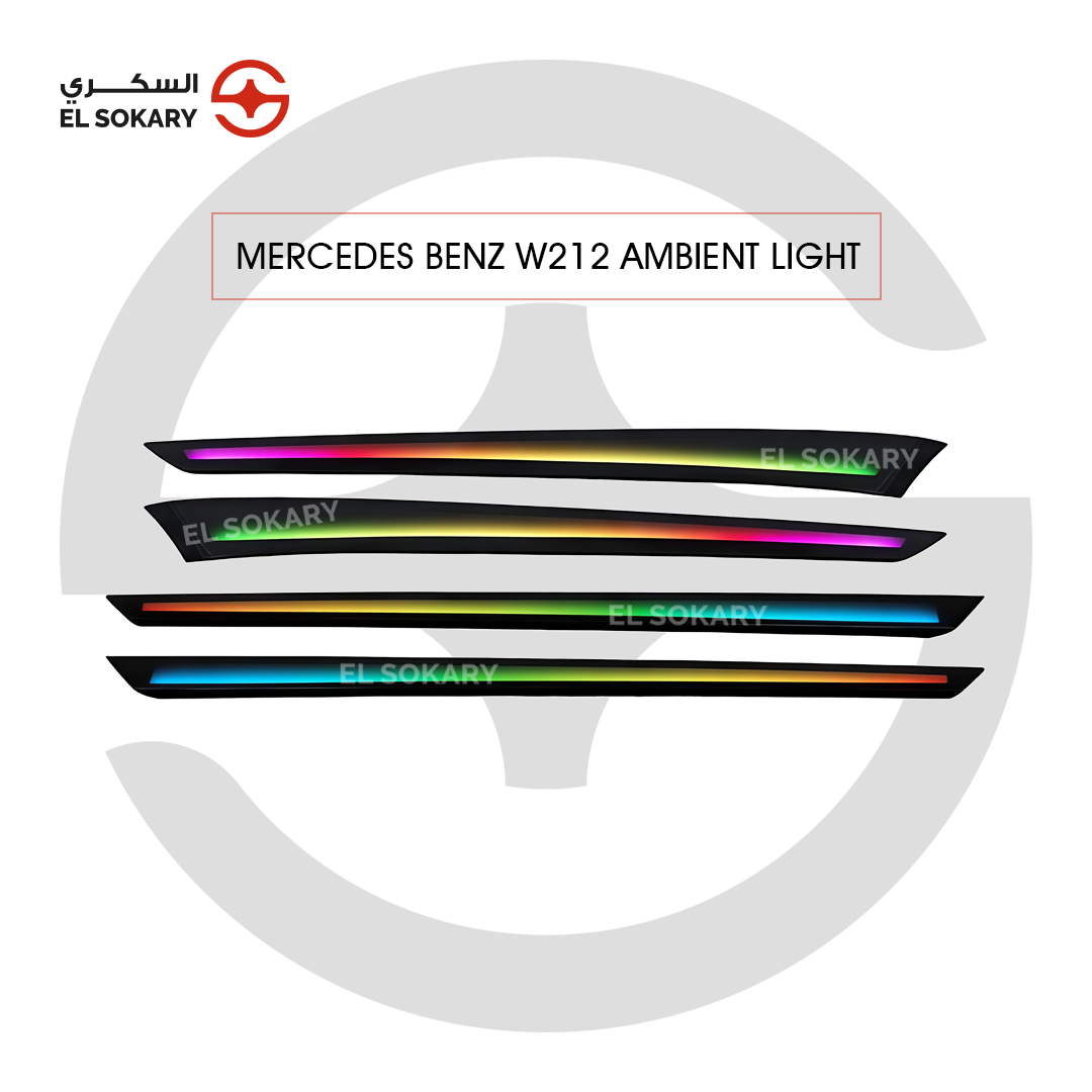Main Image: Multi-color LED ambient lighting system installed in Mercedes-Benz W212.
 
 Detail Image: Interior door ambient light trim for Mercedes E-Class.