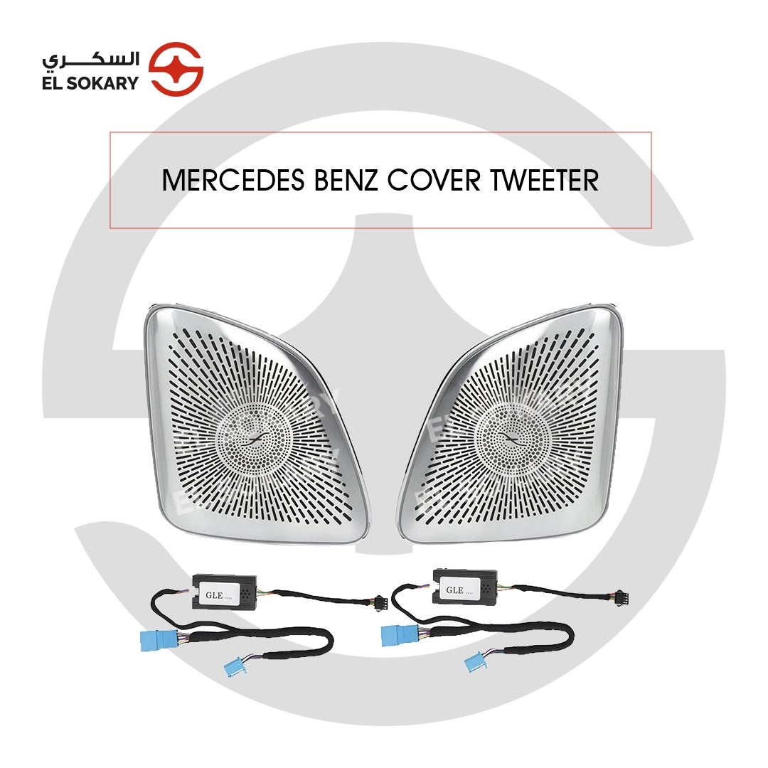 A pair of premium Mercedes-Benz GLE tweeter covers with silver perforated grilles, integrated LED modules, and plug-and-play wiring harnesses for the 64-color ambient lighting system.