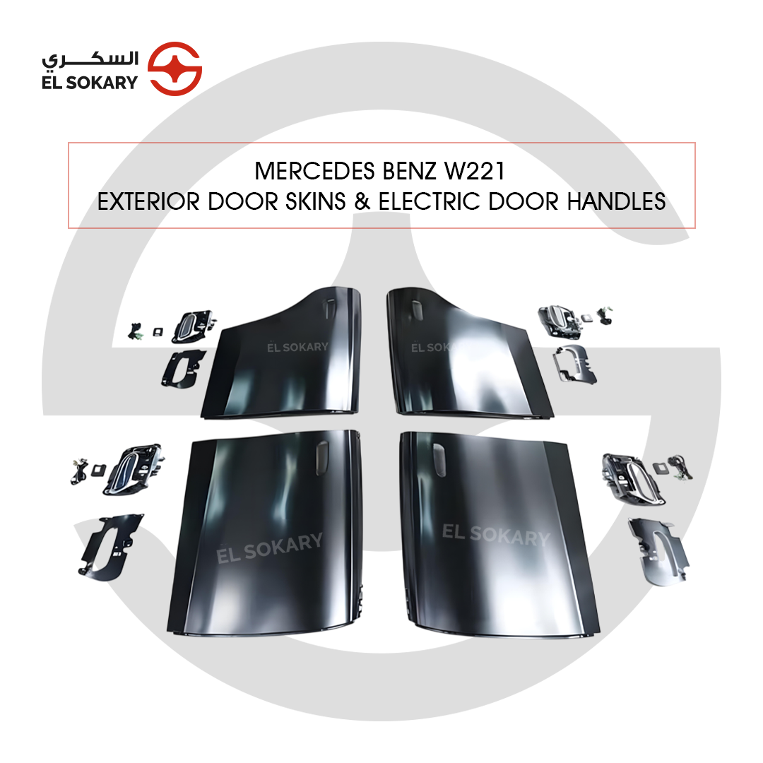 Main Image: Mercedes-Benz W221 to W223 conversion kit with 4 electric pop-out door handles.
 
 Detail Image: Luxury electric flush door handle system for Mercedes S-Class retrofit.