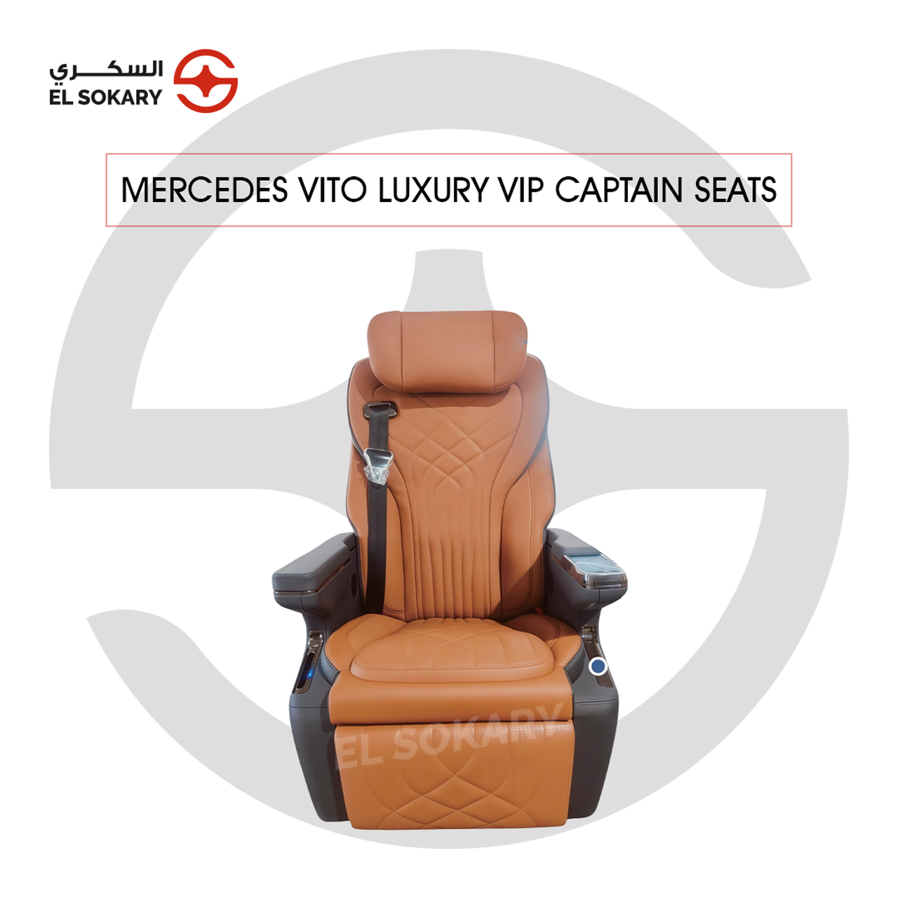 A black leather VIP captain seat with diamond quilting designed for a Mercedes-Benz Vito luxury van interior conversion.