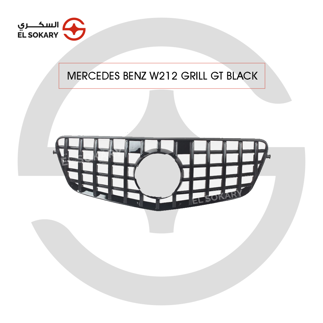 Main Image: Mercedes-Benz W212 GT Panamericana style front grille in gloss black.
 
 Detail Image: Vertical bar GT style performance grille for Mercedes E-Class 2009-2013.