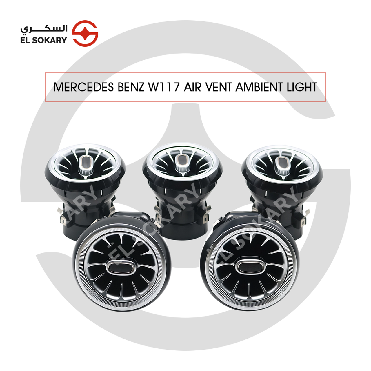 A five-piece set of Mercedes-Benz W117 turbine-style air vents featuring high-gloss black internals, polished chrome outer rings, and central airflow control knobs.