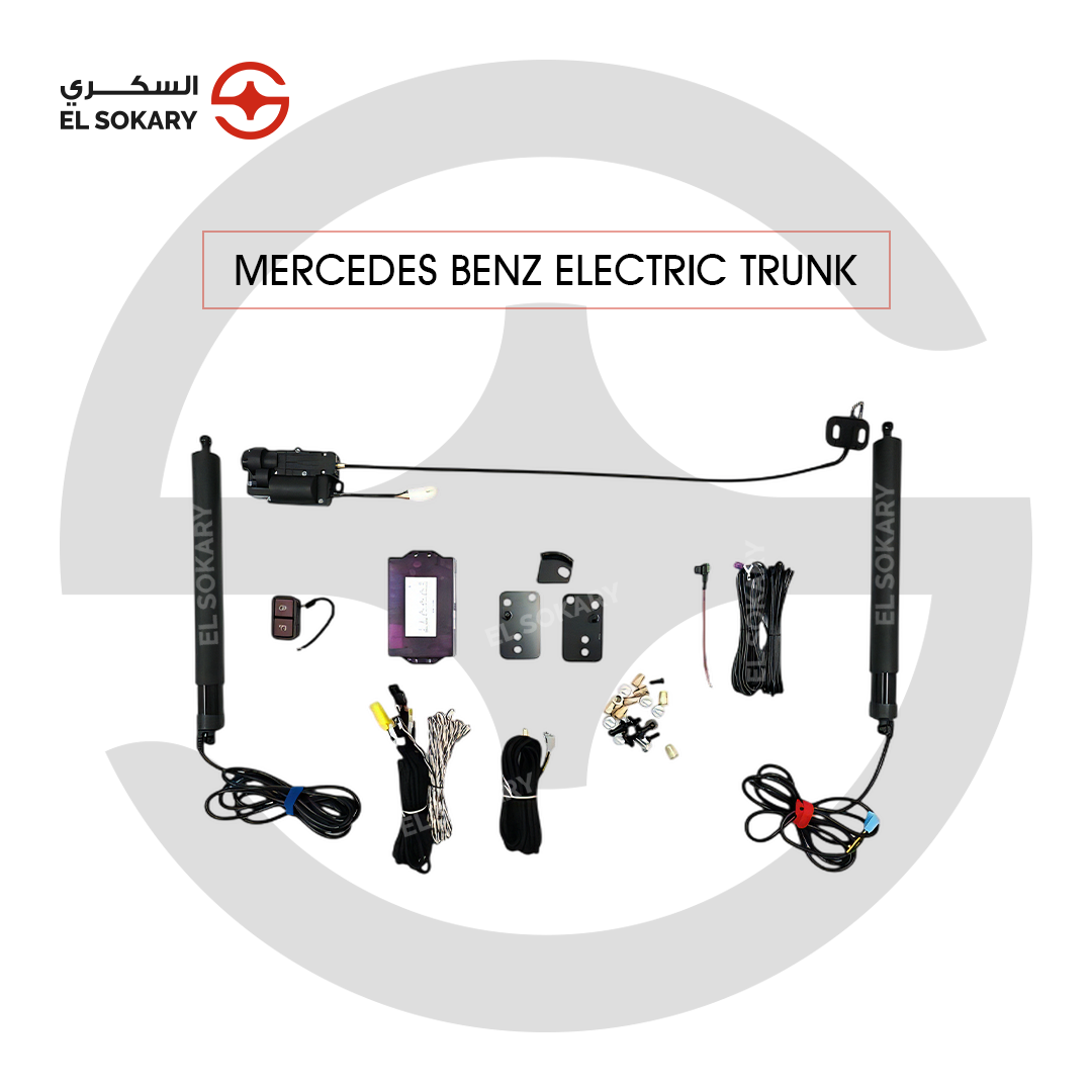 Main Image: Mercedes W213 E-Class electric trunk liftgate upgrade kit.
 
 Strut Image: Motorized power struts for Mercedes-Benz W213 automatic trunk.
 
 Control Image: Smart control module and wiring for Mercedes electric tailgate system.