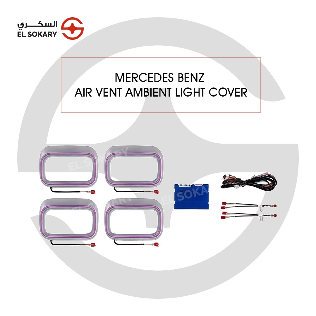 A set of four rectangular silver air vent ambient light covers featuring integrated purple LED light strips, accompanied by a blue control module and professional wiring harnesses.