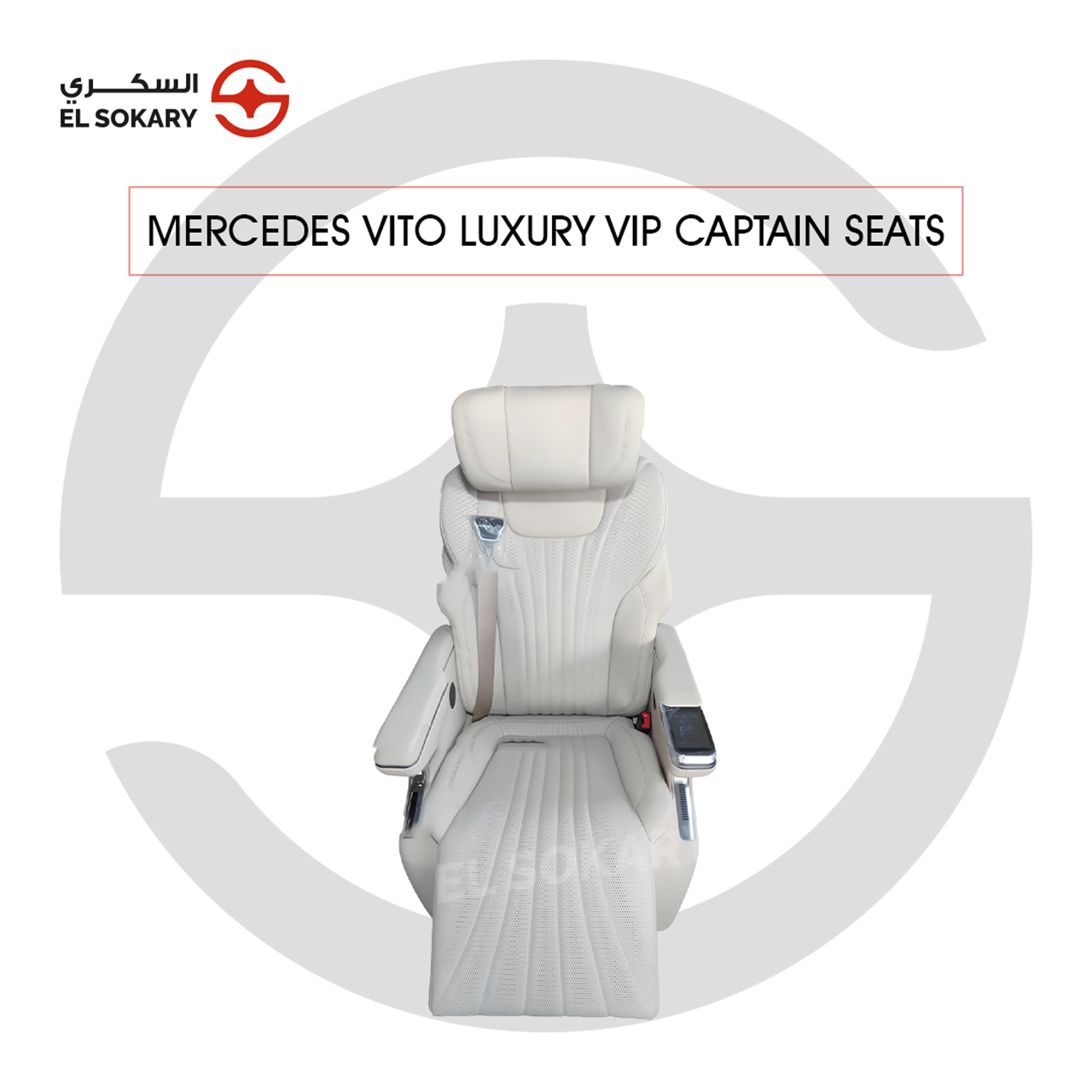 A black leather VIP captain seat with diamond quilting designed for a Mercedes-Benz Vito luxury van interior conversion.