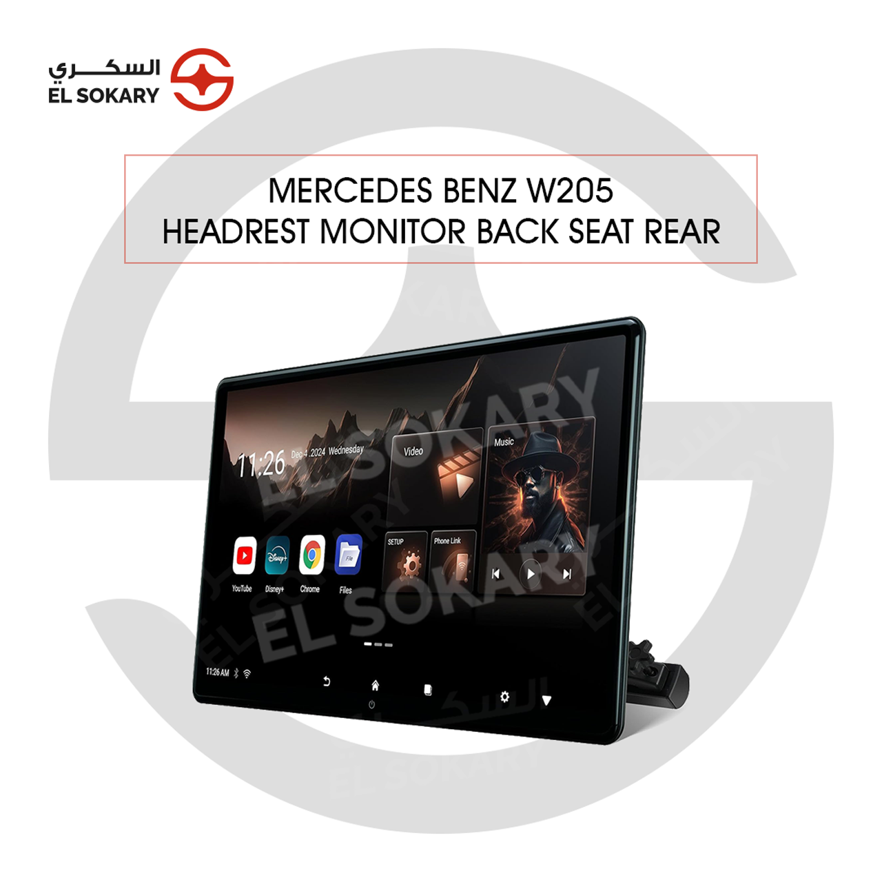 Mercedes-Benz W205 high-definition slim headrest monitor displaying a multimedia home screen with apps like YouTube, Disney+, and Chrome against a stylized mountain background.