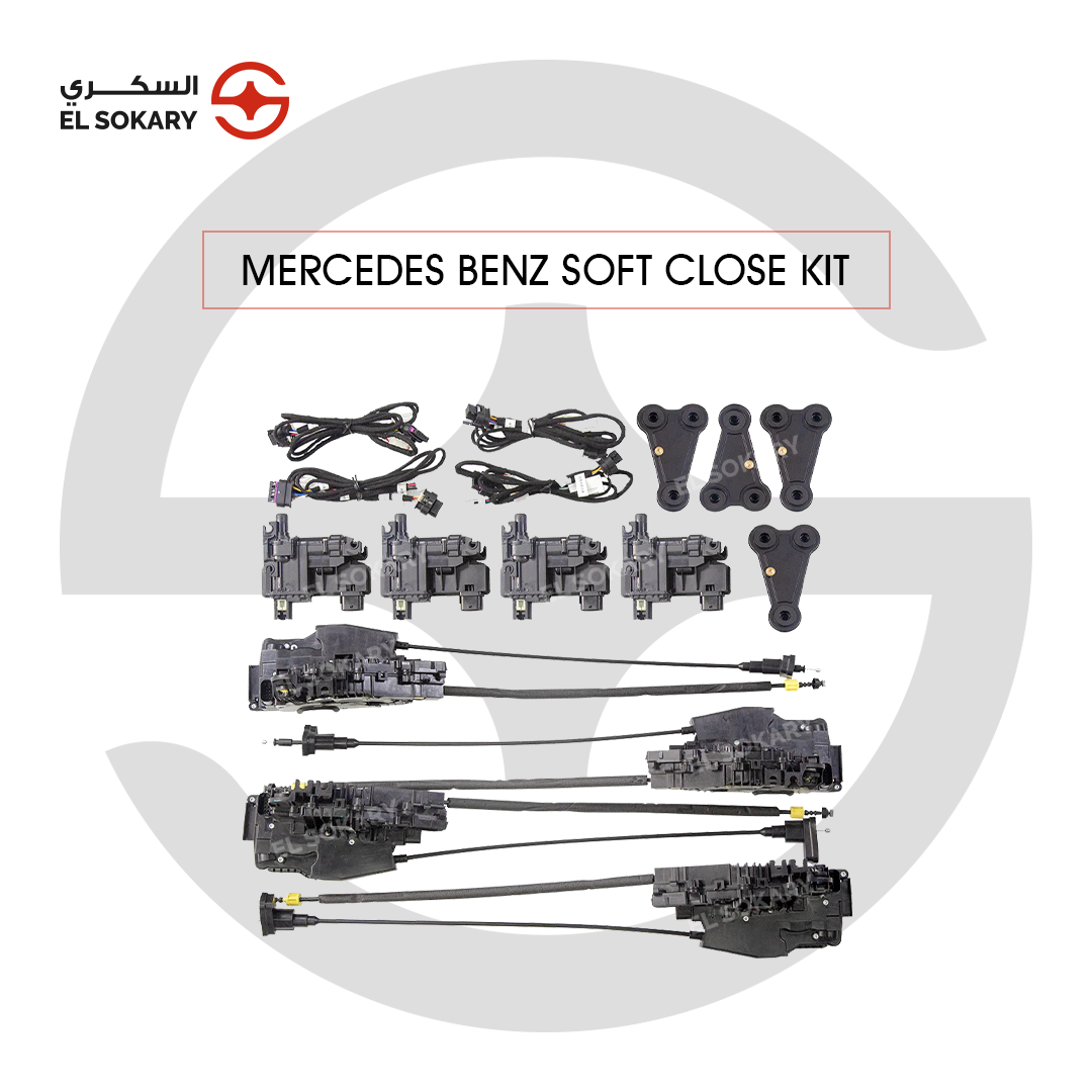 Main Image: Mercedes W213 E-Class soft close automatic door suction system set.
 
 Mechanism Image: Electric motor and latch for Mercedes-Benz soft close door upgrade.
 
 System Image: Full set of 4 suction door locks for Mercedes E-Class.