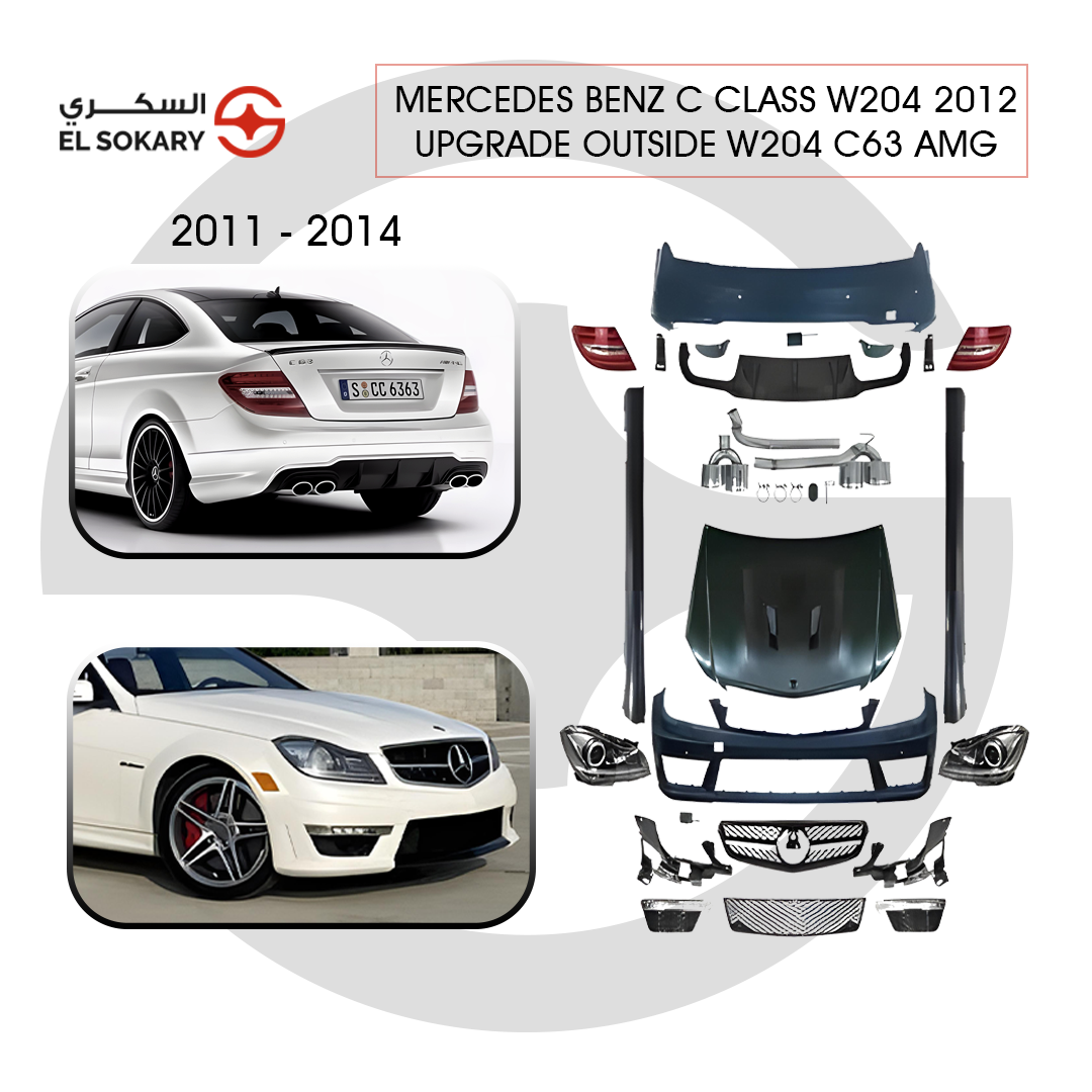 Full exterior upgrade kit for a Mercedes-Benz C-Class W204 (2011-2014) to C63 AMG style, featuring an exploded view of bumpers, hood, exhaust, and lights alongside before-and-after car images.