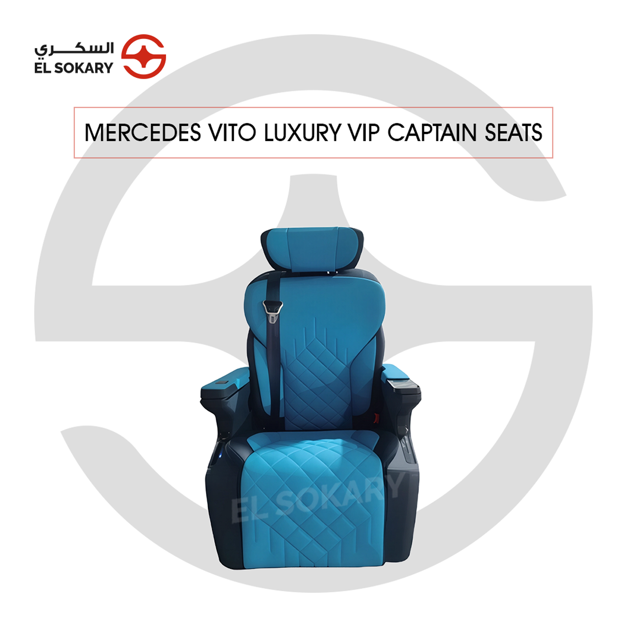 A black leather VIP captain seat with diamond quilting designed for a Mercedes-Benz Vito luxury van interior conversion.