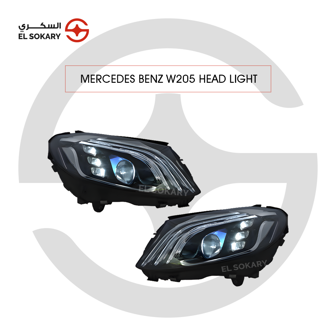 Pair of high-performance Mercedes-Benz W205 C-Class (2019–2021) Full LED headlights featuring sleek black inner housing and clear projector lenses.