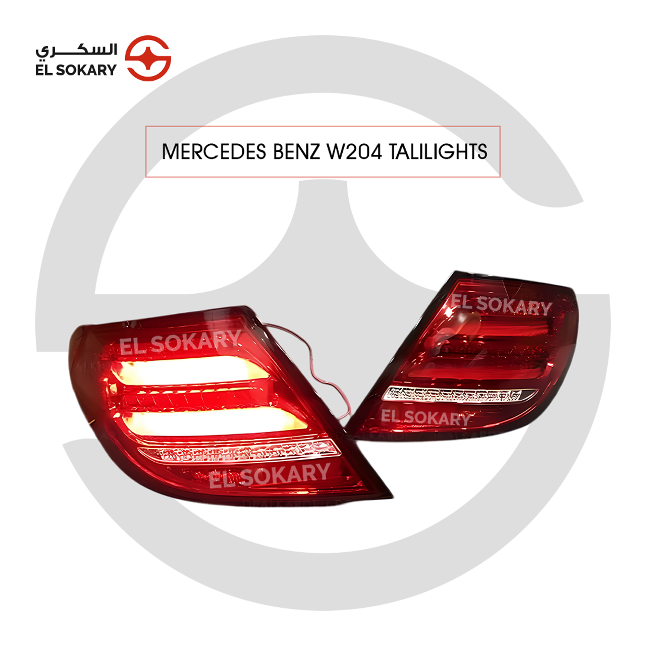 A pair of premium Mercedes-Benz W204 LED taillights featuring vibrant red lenses, clear signal sections, and modern internal LED bar styling.