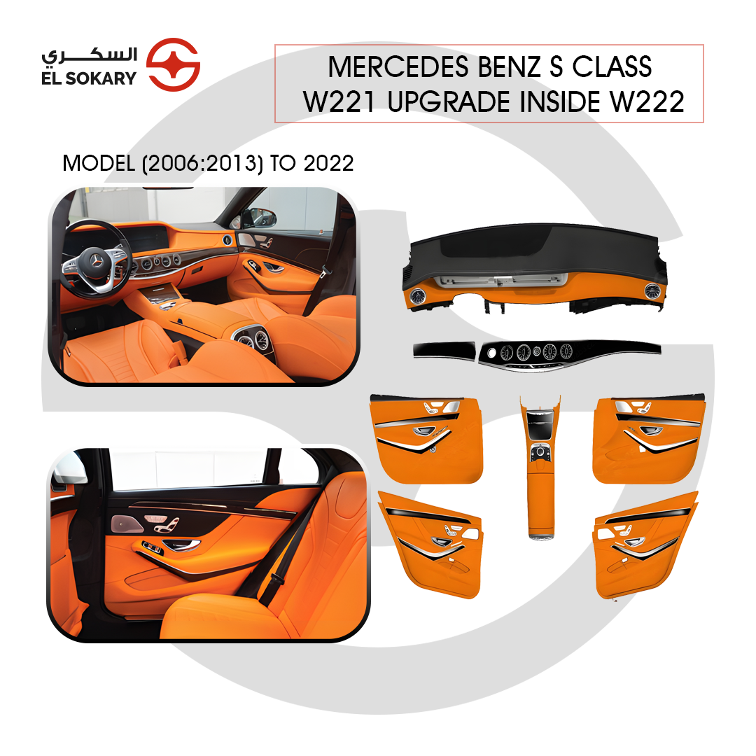Main Image: Mercedes W221 to W222 full interior conversion kit with dashboard and door panels.
 
 Detail Image: Luxury W221 cabin upgrade to W222 style with modern center console and air vents.