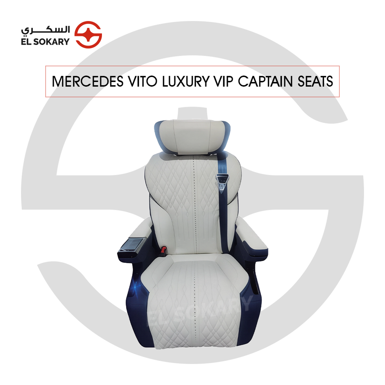 A black leather VIP captain seat with diamond quilting designed for a Mercedes-Benz Vito luxury van interior conversion.