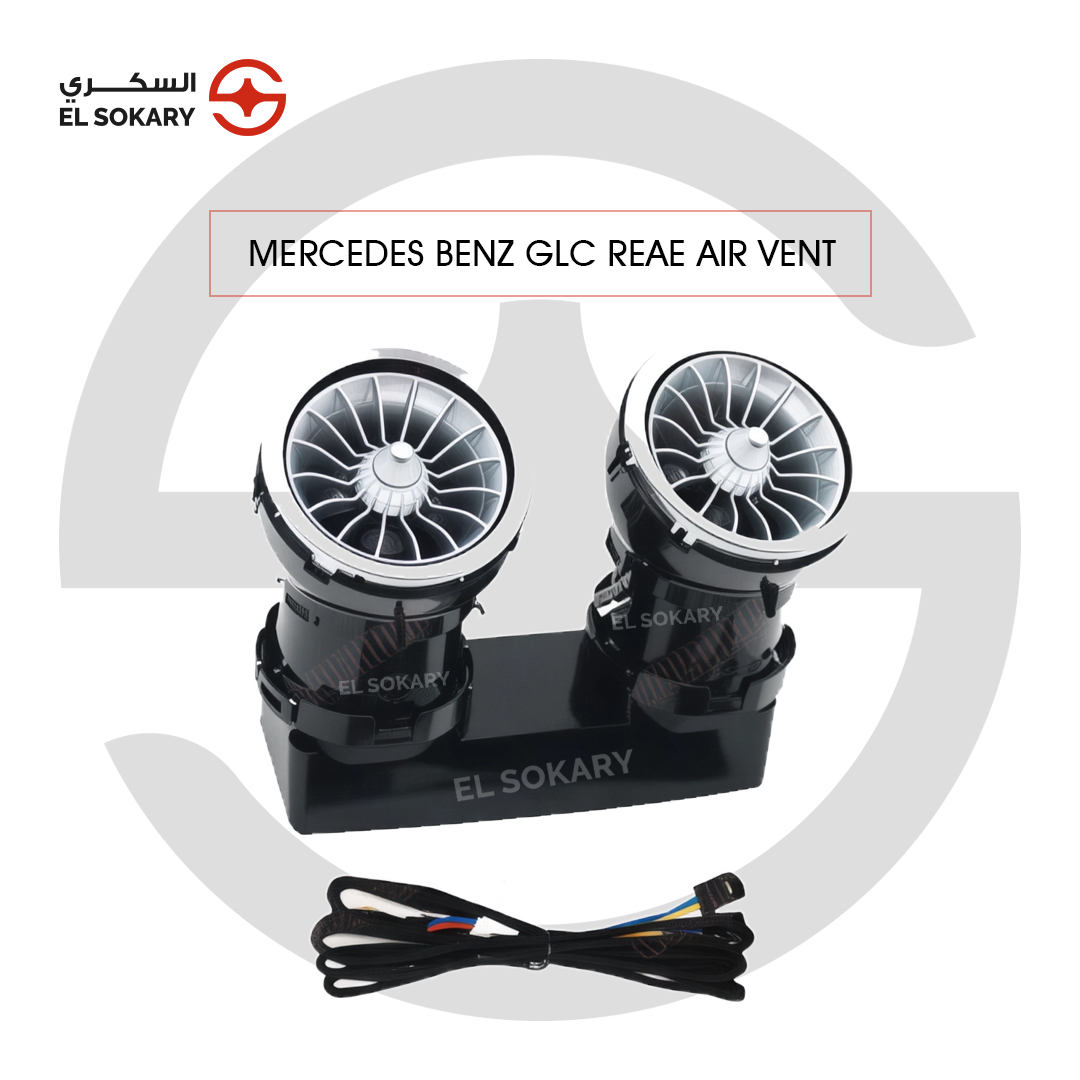 Mercedes-Benz GLC turbine-style circular air vents with chrome trim and integrated ambient lighting capability, shown in a professional product layout.